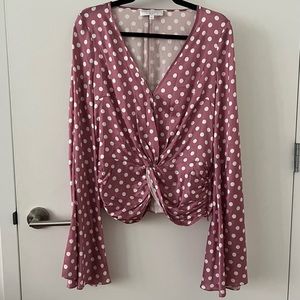 Caroline Constas Romy Twist Front Pink Polka Dot Silk Long Sleeve Blouse